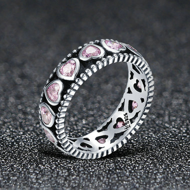 PINK ZIRCON STERLING SILVER RING - PINK HEART